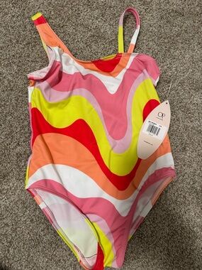 OP Girls Pink Yellow Red Multi Wave-Print One-Piece Swimsuit